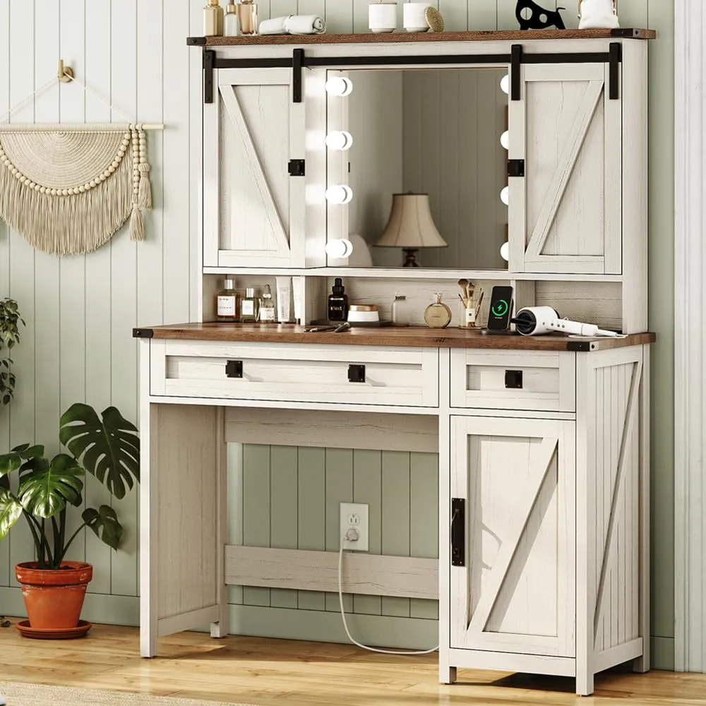 AOGLLATI Makeup Vanity with Lights & Barn Doors, Vanity Desk with Mirror and Lights & Charging Station, Farmhouse Brown Vanity Table with Jewelry Hooks and Open Storage Shelves