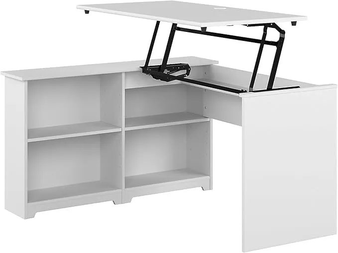 Bush Furniture Cabot 52W 3 Position Sit to Stand Corner Desk with Shelves in Heather Gray