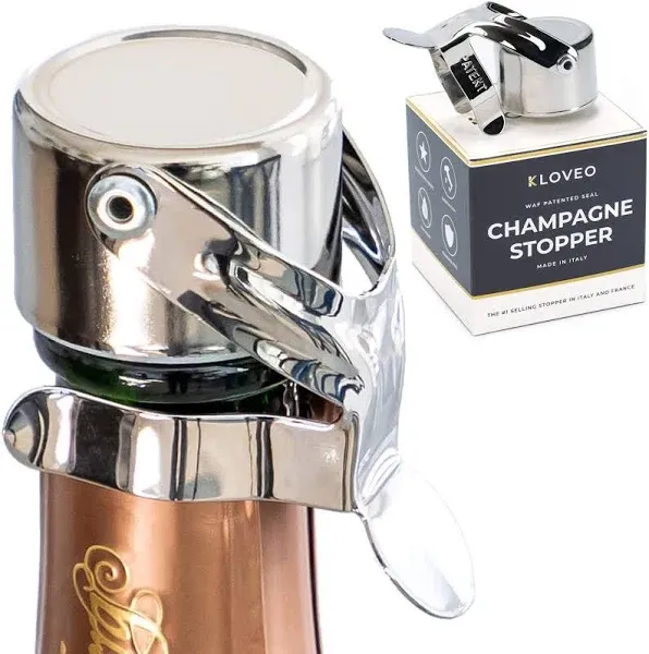 Champagne Stoppers by Kloveo - Patented Seal - Made in Italy - Professional Grade WAF Champagne Bottle Stopper - Prosecco, Cava, and Sparkling Wine Stopper - Gold