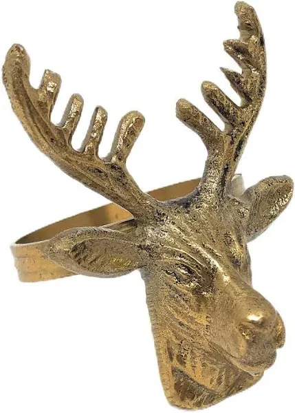 Deer Head Brass Napkin Rings in Jute Bag, Set of 6