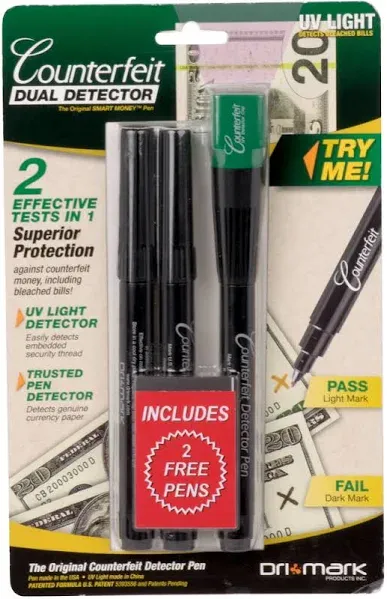 Dri Mark Smart Money Counterfeit Detector Pen with Reusable UV LED Light