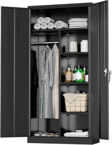 Greenvelly Metal Storage Wardrobe Cabinet with Lock, Black Metal Wardrobe Closet for Hanging Clothes with Doors and Shelves, Tall Clothes Closet for Home, Office and Bedroom, School,Gym