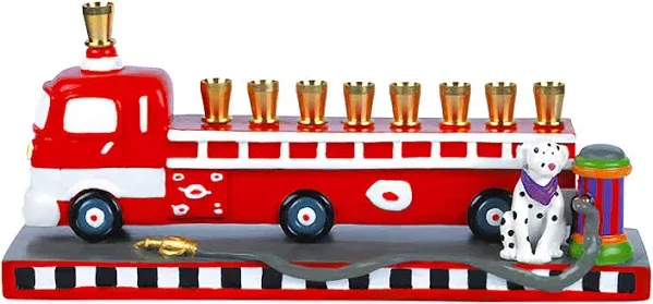 Kids Fire Truck Menorah Collectible Fire Engine and Fire Dog Menorah Fits Standard Hanukkah Candles