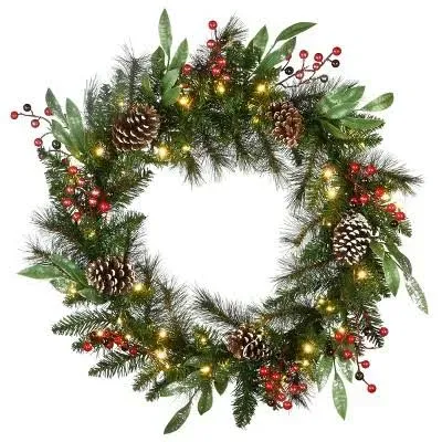 National Tree Company Pre-Lit Artificial Christmas Wreath, Green, Frosted Pine, White Lights, Decorated with Pine Cones, Berry Clusters, Frosted Branches, Christmas Collection, 30 Inches