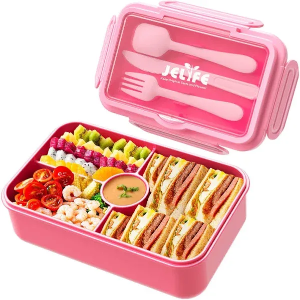 Jelife Bento Box Kids Lunch Box - Large Bento-Style Leakproof with 4 Compartments Food Storage Container with Tableware for Kids Back to School,