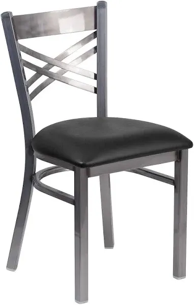 HERCULES Series Clear Coated ''X'' Back Metal Restaurant Chair - Black Vinyl Seat