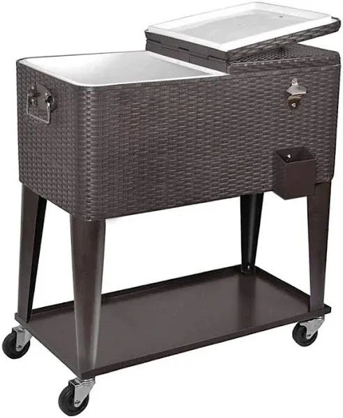 80 Quart Qt Rolling Cooler Ice Chest Cart for Outdoor Patio Deck Party, Dark Brown Wicker Faux Rattan Tub Trolley, Portable Backyard Party Drink Beverage Bar, Wheels with Shelf & Bottle Opener