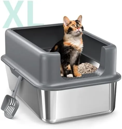 With High Walls Enclosure Lid &amp; No Stainless Steel XL Large Cat Litter Box Du