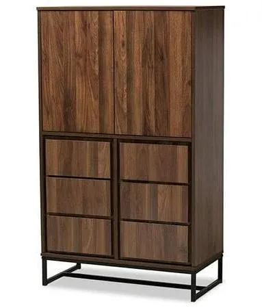 Baxton Studio Neil Modern and Contemporary Walnut Brown Finished Wood and Black Finished Metal Multipurpose Storage Cabinet