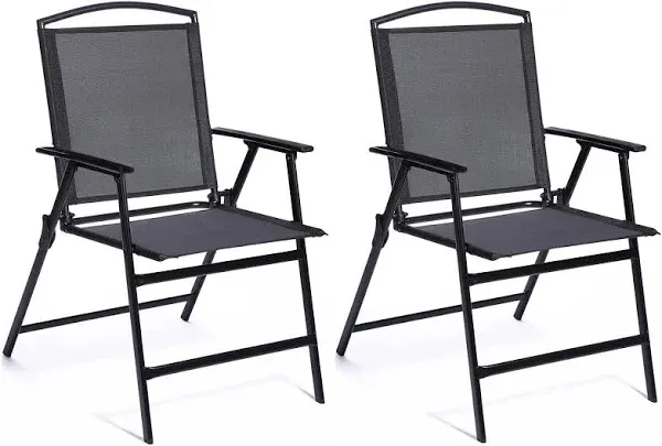 Patio Folding Sling Dining Chairs Set of 2 Outdoor Indoor Backrest Portable Household Seats for Outside Lawn Garden Patio Pool Yard with Armrest(Black)