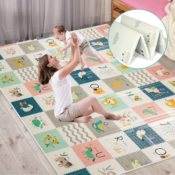 FLAGAV Baby Play Mat, 79x71inch Extra Large Folding Baby Crawling Mat, Waterproof Reversible Playmat Foam Non Toxic Anti-Slip Portable Kids Play Mat for Infant, Toddler