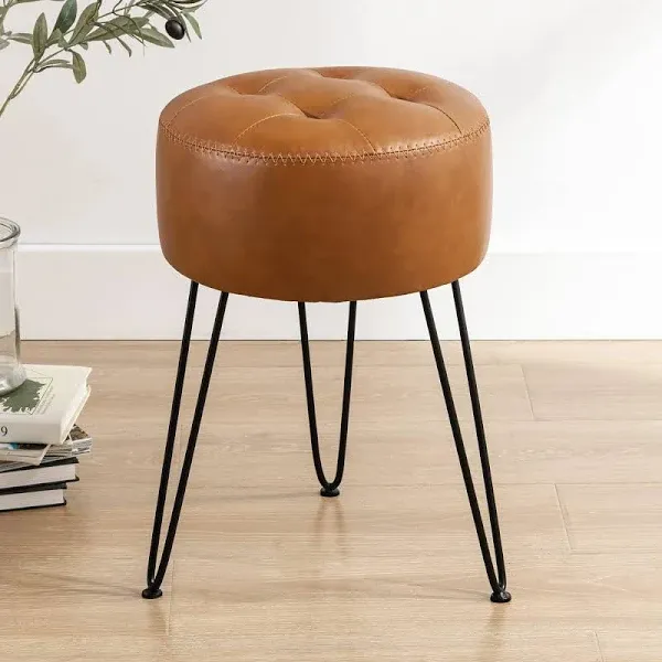 Lue Bona Faux Leather Vanity Stool Chair for Makeup Room, Grey Stool for Vanity, 19? Height, Tufted Small Vanity Chair Stool Wit