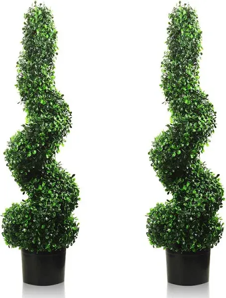 2 Pack 4 Feet Artificial Spiral Boxwood Topiary Indoor Outdoor Decor