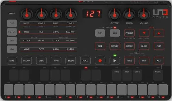 IK Multimedia UNO Synth portable monophonic real analog synthesizer with sequencer, arpeggiator, battery operation, full MIDI/USB control and Mac/PC/iPad editor software