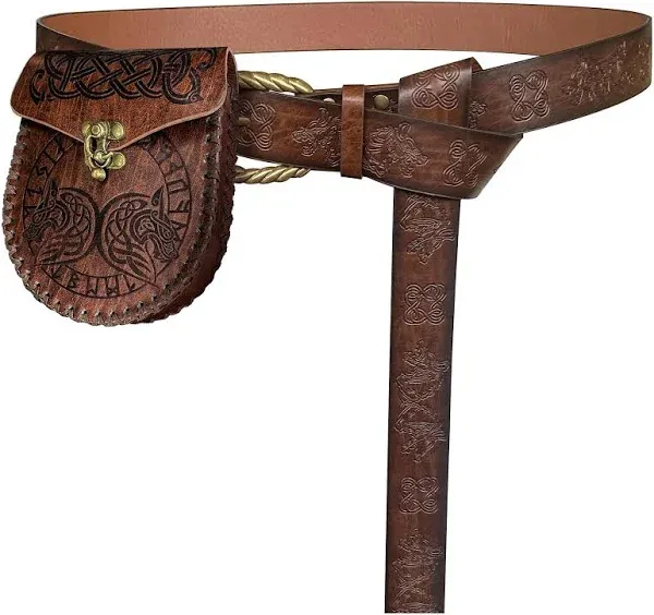 HiiFeuer Viking Fenrir Embossed Buckle Belt with Nordic Embossed Belt Bag, Vintage Faux Leather Belt and Belt Pouch Set for LARP