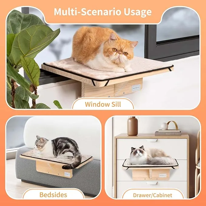 Petsfit Cat Window Perch Natural Solid Wood with Removable Fleece Mat, Safety Sturdy Cat Perch, Fit for Windows/Door/Drawer