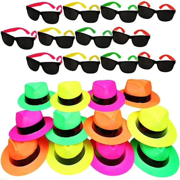 Funny Party Hats Neon Party Supplies - Fedora Party Hats with Party Sunglasses - Gangster Party - 24 Pc Set