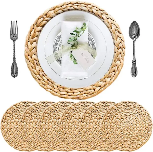 Boho Placemats Set of 6, Round Placemats for Dining Table, Water Hyacinth Wicker Placemats, Straw Placemats, Round Woven Placemats Set of 6, Placemats for Dining Table Set of 6 | 14.6 in