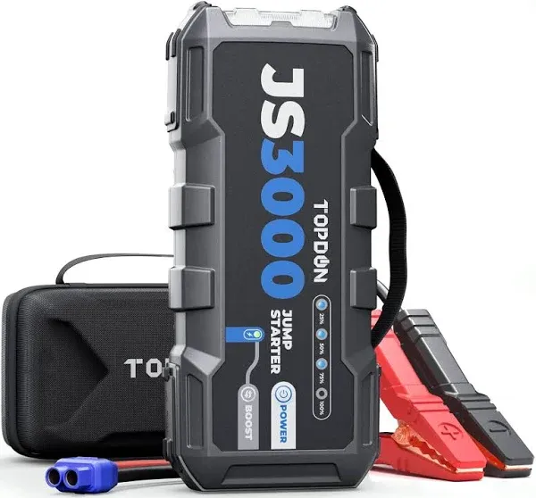 Topdon JS3000 12V 3000A Battery Booster Jump Starter Pack for Up to 9L Gas/ 7L Diesel Engines, Portable Car Battery Charger with Handle Jumper Cable