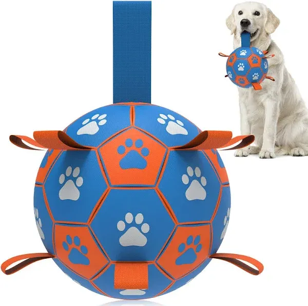 QDAN Dog Toys Soccer Ball with Straps, World Cup Interactive Dog Toys for Tug of War, Puppy Birthday Gifts, Dog Tug Toy, Dog Water Toy, Durable Dog