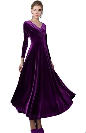 Urban CoCo Women Long Sleeve V-Neck Velvet Stretchy Long Dress