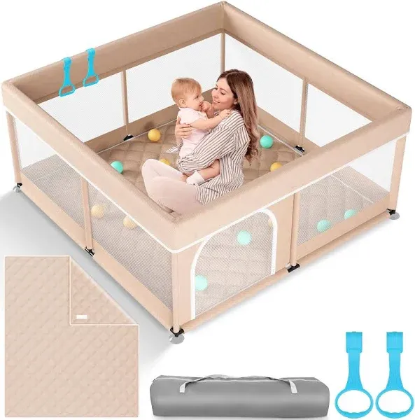 Omzer Baby Playpen with Mat 71x59inch: Large Playpen for Babies and Toddlers Indoor Safety Play Pen with Soft Breathable Mesh - All-Wrapped Sponge Sturdy Play Yard with Stable Mat Magic Sticker.