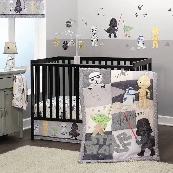 Lambs & Ivy Star Wars Classic 3-Piece Gray Baby Crib Bedding Set - Yoda/Darth Vader