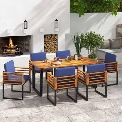 Tangkula 7 Piece Patio Dining Set, Acacia Wood Dining Chair & Table Set, 69” Spacious Tabletop with Umbrella Hole, Heavy-Duty Metal Support, Dining Set for Backyard, Poolside