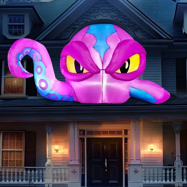 Joiedomi 4 FT Tall Halloween Inflatable Purple Octupos Head with Tentacles Broke Out from Window with Built-in LEDs Blow Up for Halloween Window Decor, Outdoor Yard Garden Lawn Party Decoration