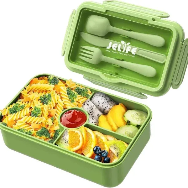 Jelife Bento Box Kids Lunch Box - Large Bento-Style Leakproof with 4 Compartments Food Storage Container with Tableware for K