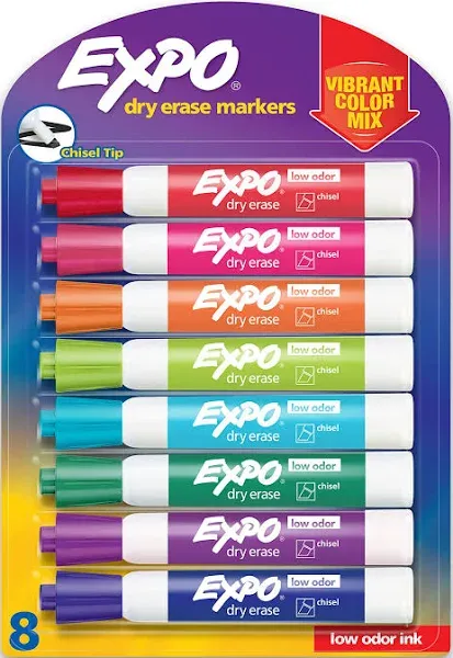 Expo Dry Erase Marker, Broad Chisel Tip, Assorted Colors, 8/Pack