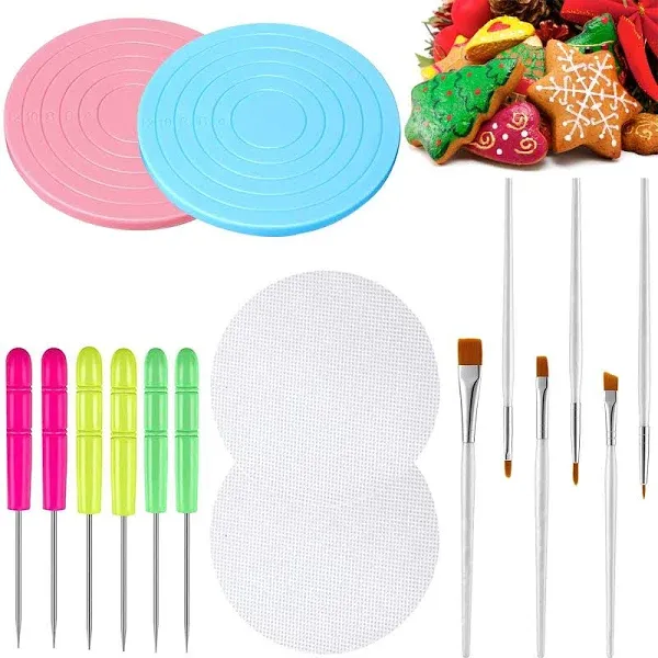 16 Pcs Cookie Decorating Kit Turntable Supplies with 2 Acrylic 6 Scribe Needle 2