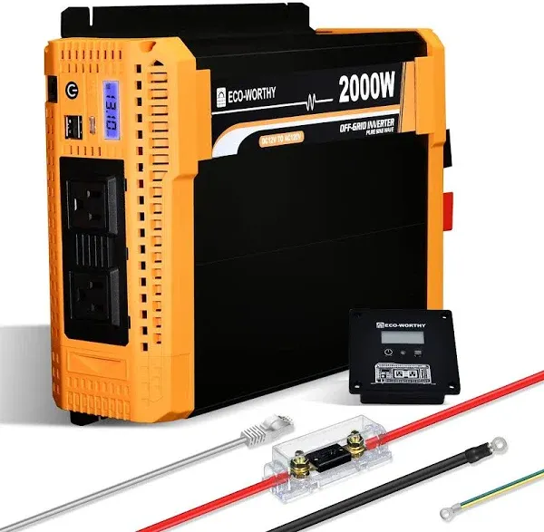 ECO-WORTHY 2000W Pure Sine Wave Solar Inverter, 12V DC to 120V AC Converter for Home,RV,Truck.Built-in Dual 18W USB Port, 2 x AC Outlets, 1 x Hardwire Terminal, 1 x 200A Fuse,Remote Controller.