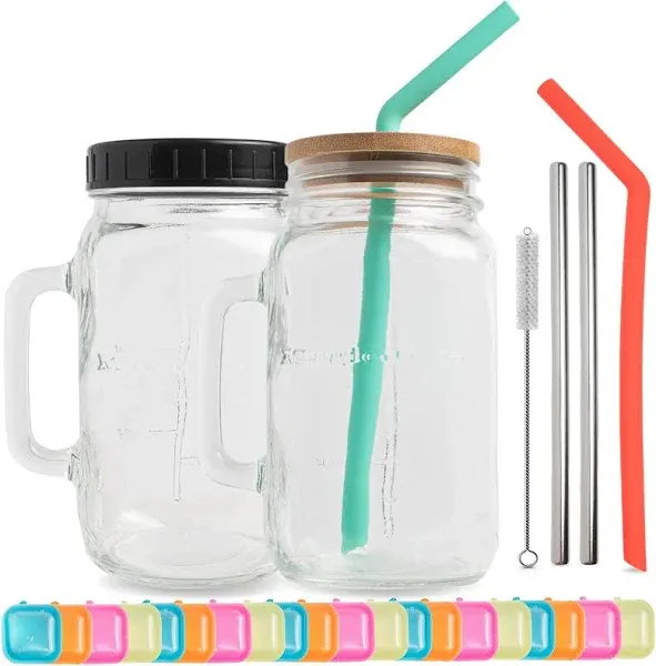 32oz Wide Mouth Mason Jar with Handle, Lids, and Straws (10-in-1) Iced Coffee...