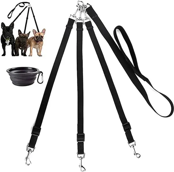 3 Way Dog Leash + A Collapsible Travel Bowl,Mosany Nylon Adjustable Coupler No Tangle Detachable 3 in 1 Multiple Dog Pet Cat Puppy