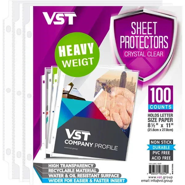 VST Heavy Duty Sheet Protectors 8.5 x 11 Inch for 3 Ring Binder, 3 Mil Crystal Clear Page Protectors, Plastic Sleeves for Binders, Top Loading Paper Protector Letter Size,100 Sheets