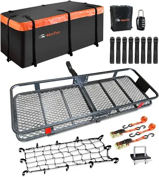 MeeFar Folding Hitch Mount Cargo Carrier Basket 60" X 20" X 6"+Waterproof Cargo Bag 16 Cubic Feet(58" 19" 24"),Hauling Weight Capacity of 500 Lbs and A Folding Arm.with Hitch Stabilizer,Net and Straps