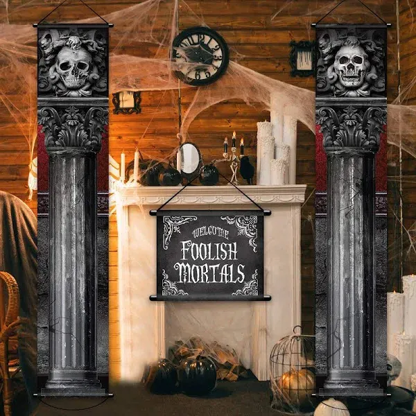 2 Pieces Halloween Gothic Mansion Banners Halloween Skull Hanging Banners with W