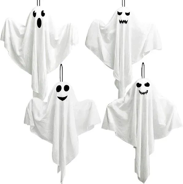 4 Pack Halloween Hanging Ghosts, 27.5&#034; Cute Flying Ghost Decorations for Fron...