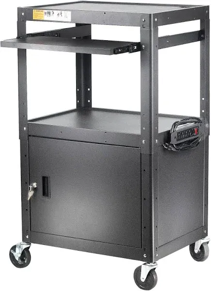 Steel Large AV Cart with Extra Storage - Adjustable Height Cart with Locking Cabinet, Pullout Tray, Power Strip, and Cord Management - Holds 300 lbs and Easy to Assemble (24'' x 18'' x 41.5'')