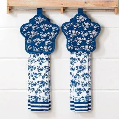 Temp-Tations Floral Lace Bakeware - Blue 4-pc. Oven Mitt and Towel Set