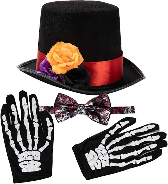 Janmercy 4 Pcs Halloween Mens Day of The Dead Costume Set Including Black Skeleton Gloves, Top Hat and Bow Tie for Men Halloween Dress up Cosplay Dia De Los Muertos Party Accessories