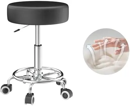 Rolling Stool, Heavy Weight Capacity 250lb, PU Leather Rolling stools, Ultra Soft Padded Seat, Rolling Stools with Wheels and Footrest, 360° Swivel, Spa Drawing Salon Work Office Tattoo Stool (black)