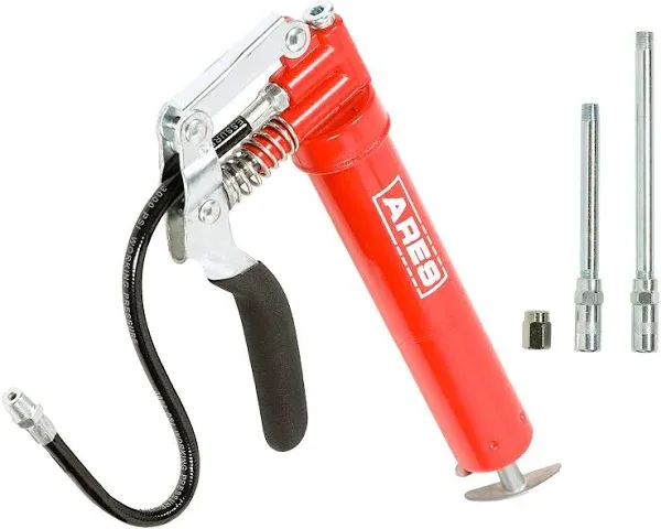 ARES 53011 – 3oz Pistol Grip Mini Grease Gun – Includes 12-Inch Flex Hose and 4-Inch and 6-Inch Straight Extensions – 3000 PSI Working Pressure Rating