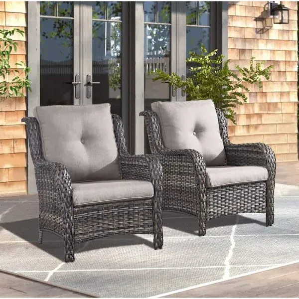 HUMMUH Patio Chairs Wicker Patio Dining Chairs Set of 2 PE Rattan Deep Seating Outdoor Chairs with 4 inch Seat Cushions(Brown/Beige)