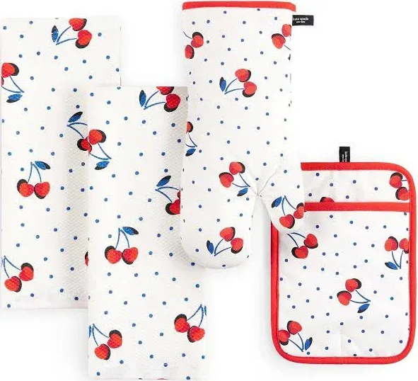 Kate Spade New York Cherry Dot Kitchen Towel, Oven Mitt & Pot Holder 4-Pack Set, 17" x 28", 7" x 13", 7" x 10", White/Red/Blue