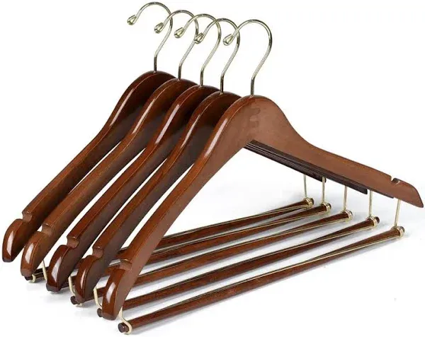 Wood Curved Suit Walnut Gold Hook 5PK Quality Hangers