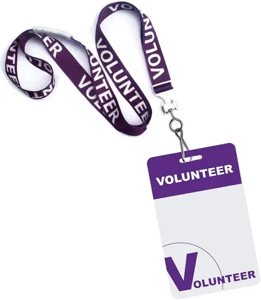 10 Pack - Volunteer Lanyards with Badges - Identification for Volunteers - Heavy Duty Plastic Name Tags with Breakaway Lanyard for Church, Events, School & More! by Specialist ID (Purple)