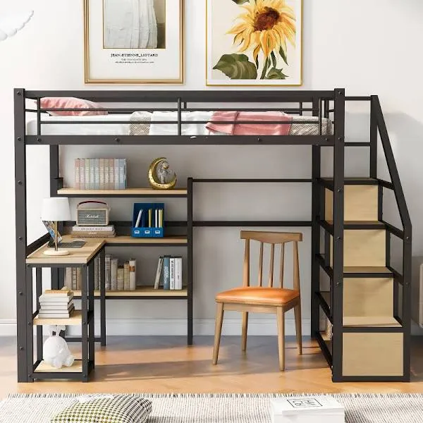 Bellemave Full Size Loft Bed, Metal Loft Bed with Desk, Full Size Loft Bed with Storage Staircase and Shelves，Small Wardrobe, Full Size Loft Bed for Kids, Teens, Adults, Black