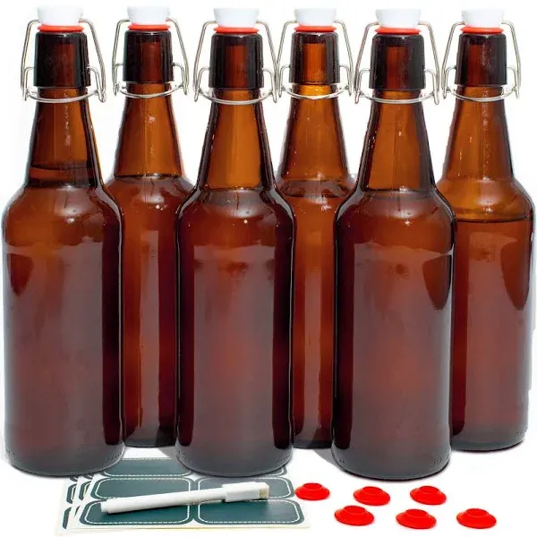 Otis Classic Swing Top Glass Bottles - Set of 6, 16oz w/Marker & Labels - Clear Bottle with Caps for Juice, Water, Kombucha, Wine, Beer Brewing, Kefir Milk or Eggnog